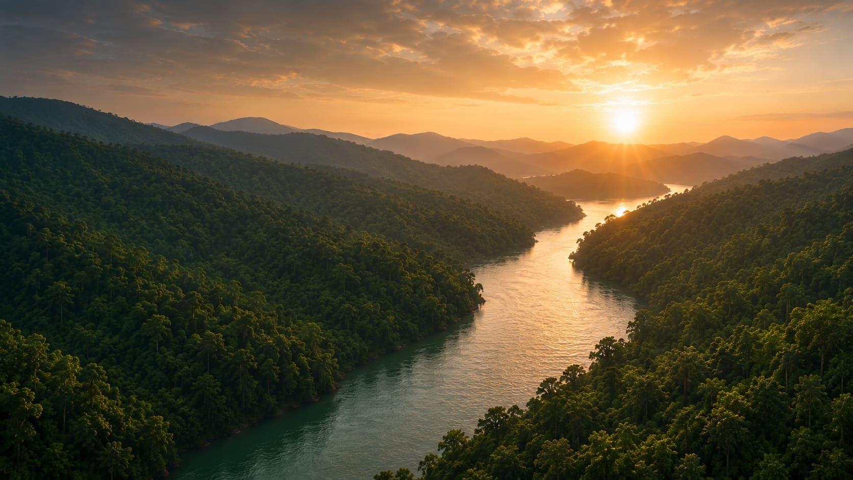 Forested ridges receding into morning haze at sunrise in the Asia Pacific tropics